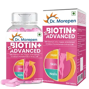 DR. MOREPEN Biotin+ for Hair Growth, Glowing Skin & Healthy Nails | Amino Acids, Natural Extract of Amla, Turmeric & Green Tea, Bhringraj & Brahmi - 60 Tab