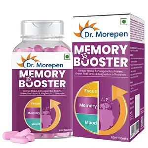 DR. Morepen Memory Booster 100% Natural | 60 Tablets | GABA Ashwagandha Chamomile & Brahmi-Vitamins B1 B2 B3 Magnesium | Focus | Memory | Mood