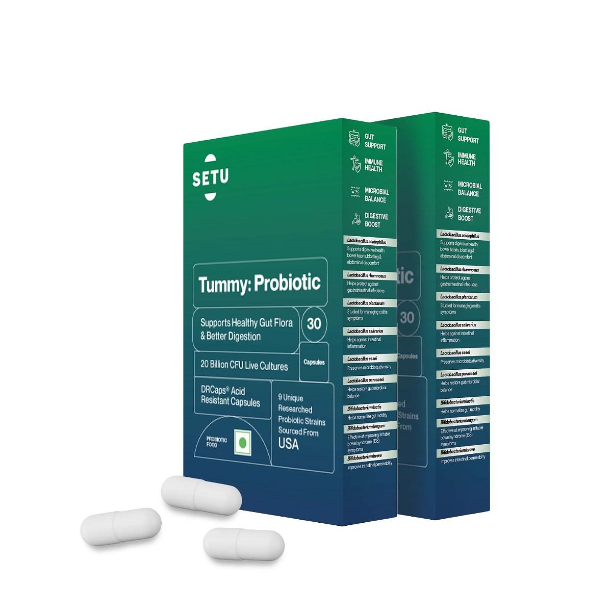 

Setu Tummy Probiotic - 30 Capsules (Pack of 2) | 9 strains with 20 Billion CFUs, Naturally Fermented Probiotics Lactobacillus & Bifidobacterium, Be...