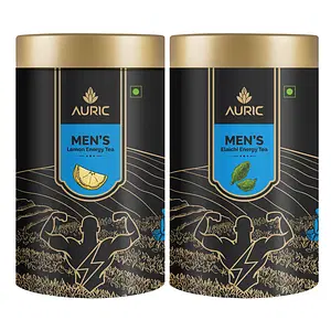 Auric Tea for Men's Energy with Pure Shilajit Resin to Boost Stamina & Sports Performance Ayurvedic Herbs such as Ashwagandha, Gokshura, Safed Musli Taste of Elaichi / Lemon 50 sachets