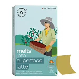 Wellbeing Nutrition Melts Superfood Latte | Arabica Coffee, Spirulina, Ashwagandha & Moringa for Holistic Health, Immune Support & Stress Relief | Caramel (15 Oral Thin Strips)