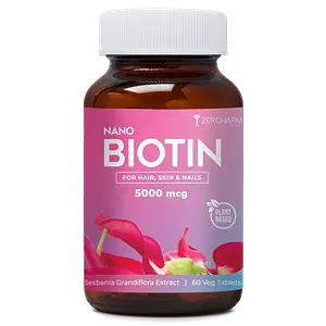 ZEROHARM Nano Biotin 5000mcg Increase Hair growth &Reduce Hair fall, Fights Skin Problem, Strengthen Nails - 60 Tablets