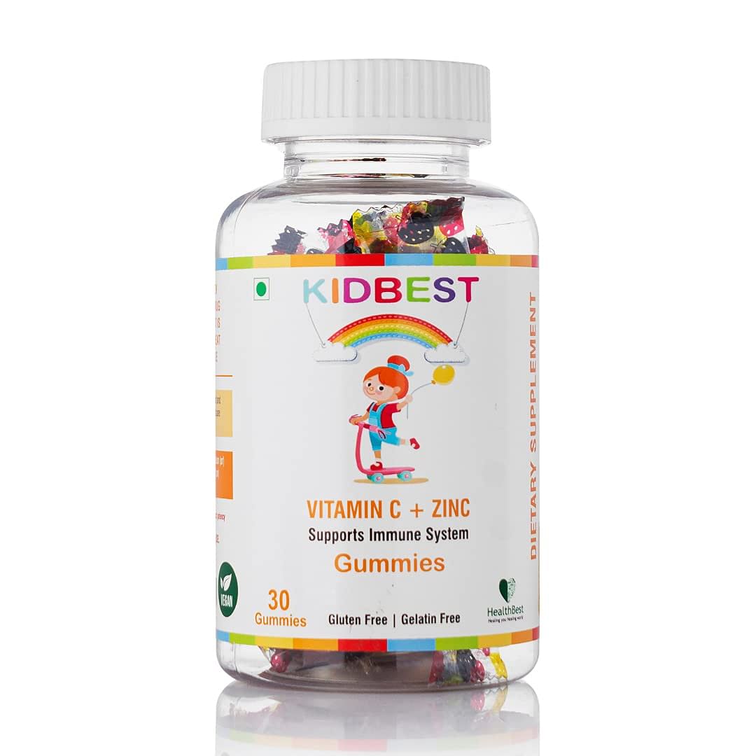 

HealthBest Kidbest Vitamin C + Zinc Gummies for Kids | Immunity Booster | Increase Stamina & Energy | Antioxidants | 30 Gummies (Orange Flavor)