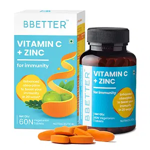 BBETTER Vitamin C and Zinc tablets for Immunity & skin health | High strength formula With Amla Extract, Orange Peel Extract and Alfafa powder for immunity - 60 Veg Tablets