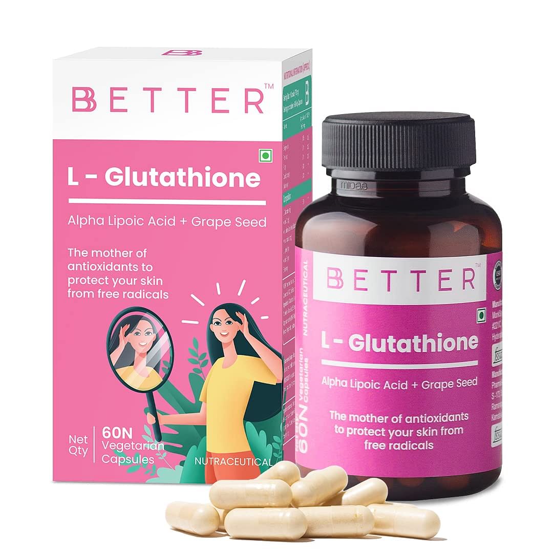 

BBETTER L Glutathione for Skin with Vitamin C Vitamin E Grape seed extract Alpha lipoic acid and Biotin, 60 veggie capsule(s)