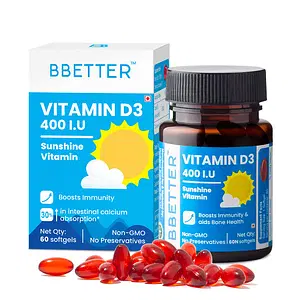 BBETTER Vitamin D3 Supplement for Immunity, Healthy Bones & Strong Muscles - 60 softgels of Vitamin D (Cholecalciferol) with the recommended daily dosage of 400IU