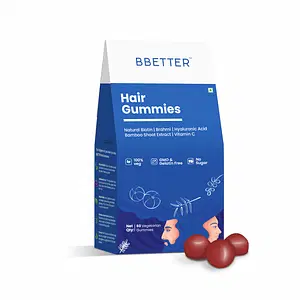 BBETTER Hair Gummies with Natural Biotin + Brahmi + Hyaluronic Acid + Bamboo Shoot & Green Amla for Hair Health | 100% VEG & SUGAR FREE | No Gelatin| 60 Hair Gummies for Women & Men