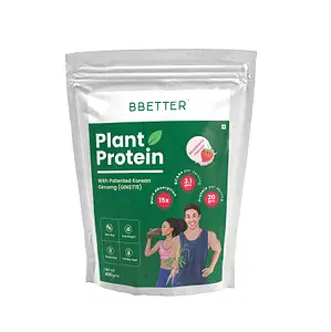 BBETTER Plant Protein for Men & Women | Enriched with Patented Korean Ginseng | 100% Vegan Protein Powder| Whey Protein Alternative with 20g Protein per serving | Strawberry Flavour
