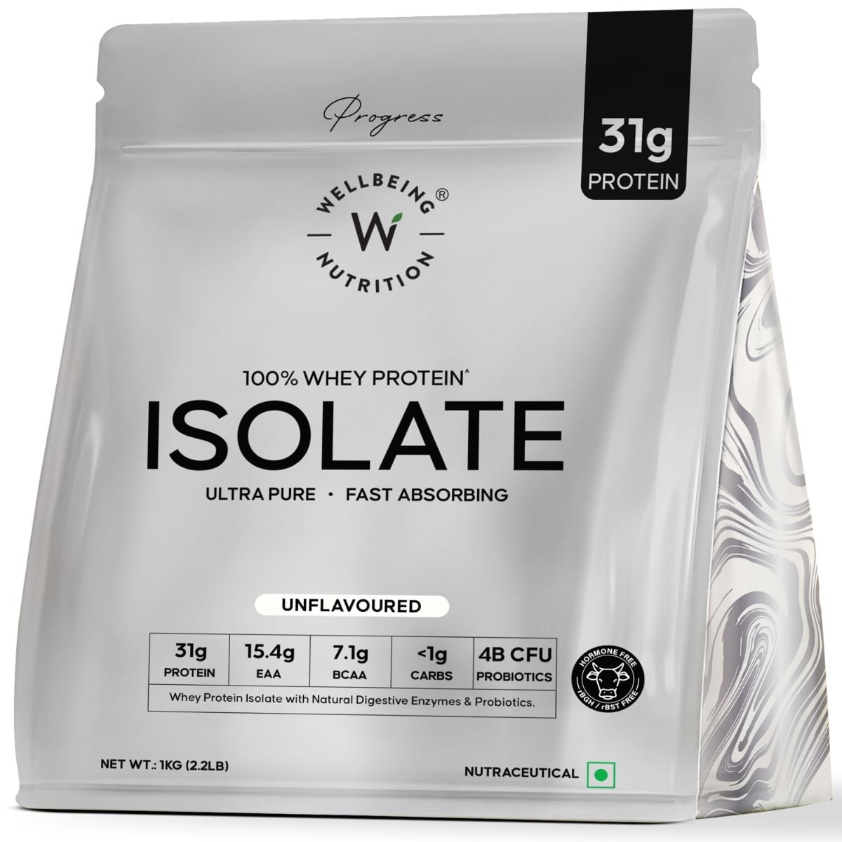 

Wellbeing Nutrition 100% Whey Protein Isolate (Unflavoured) | 31g Protein, 15.4g EAA, 7.1g BCAA | 4B CFU Probiotics & Natural Digestive Enzymes | 9...