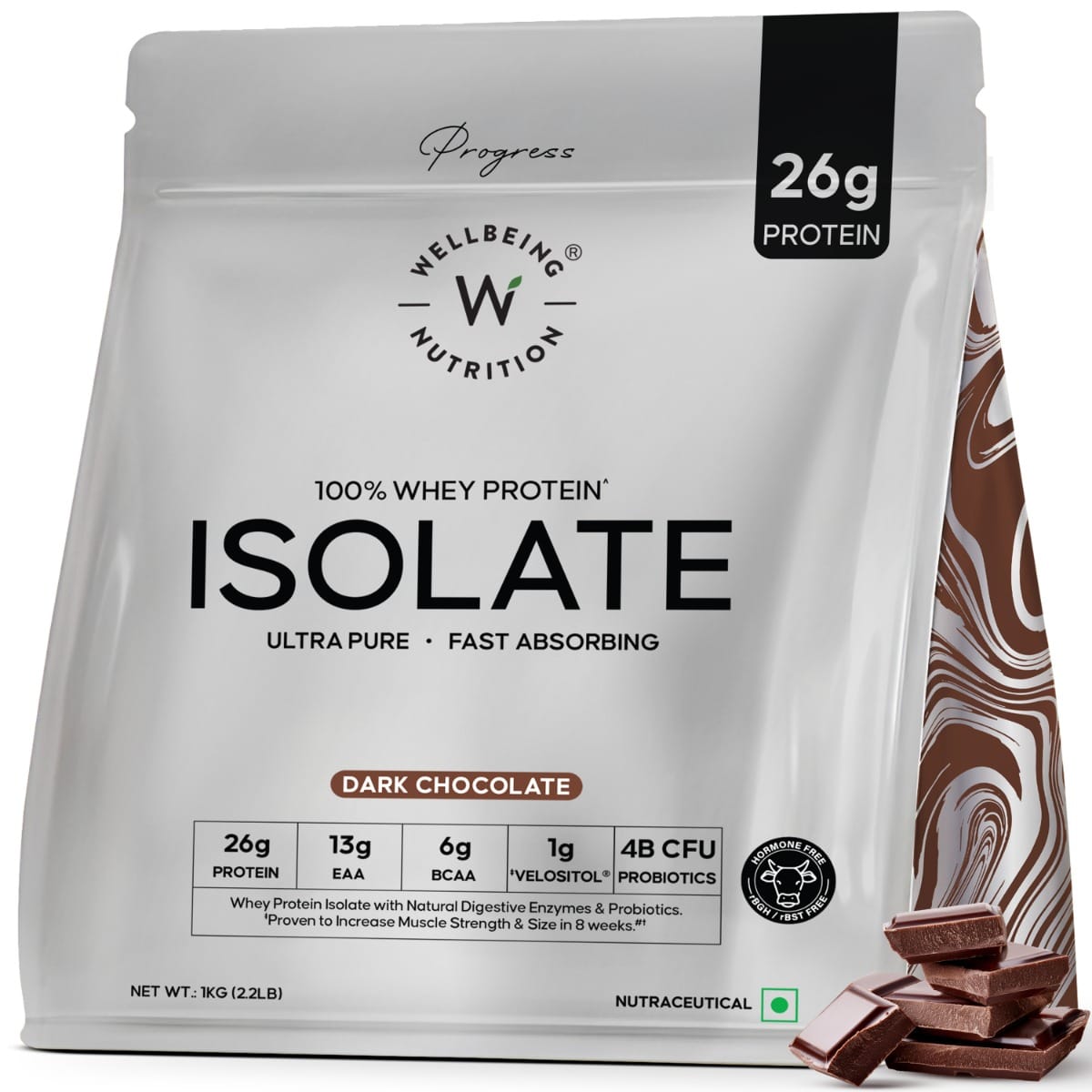 

Wellbeing Nutrition 100% Whey Protein Isolate (Dark Chocolate) | 26g Protein, 13g EAA | Clinically Proven 2x Muscle Protein Synthesis| 4B CFU Probi...
