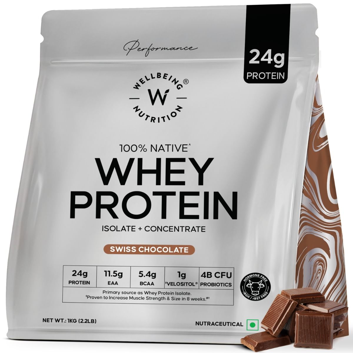 

Wellbeing Nutrition Whey Protein Isolate + Concentrate| Blend Swiss Chocolate | 24g Protein, 11.5g EAA, 1g Glutamine | Clinically Proven 2x Muscle ...
