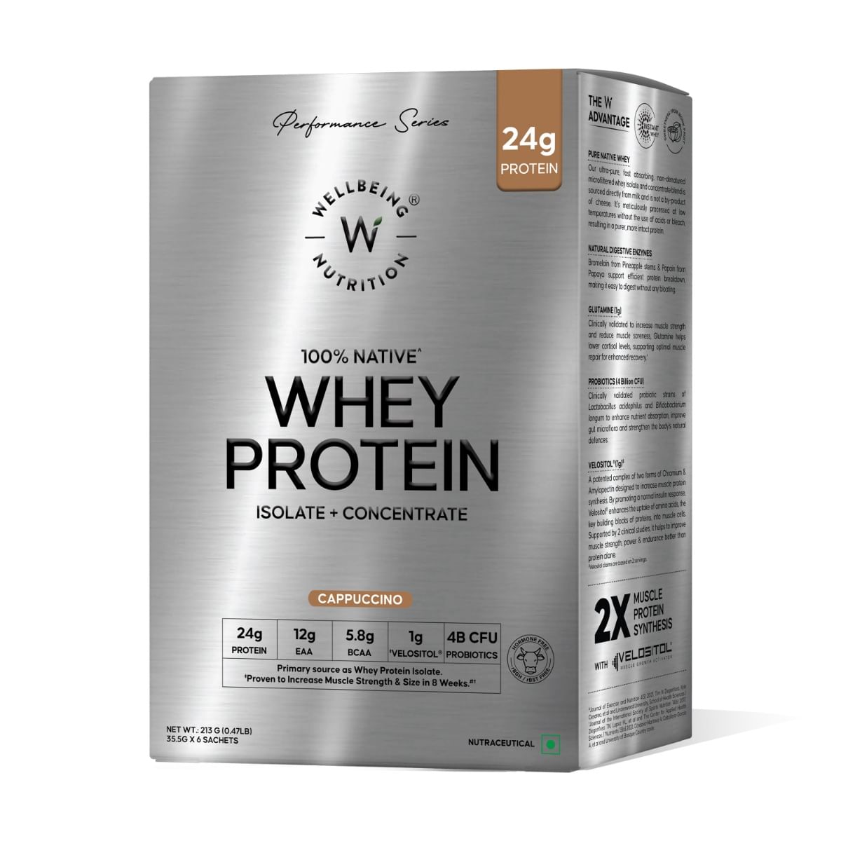 

Wellbeing Nutrition Whey Protein Isolate + Concentrate (Cappuccino) | 24g Protein, 12g EAA, 5.8g BCAA | Clinically Proven 2x Muscle Protein Synthes...