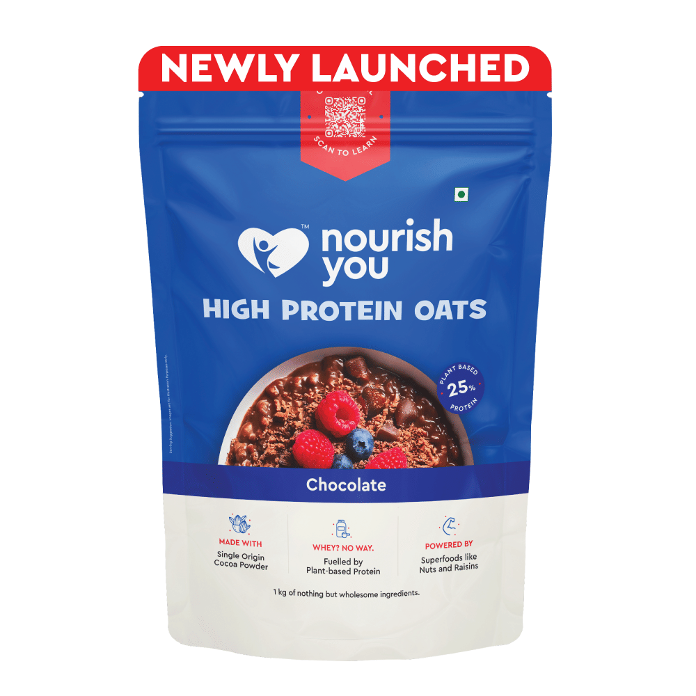 Nourish You 25% High Protein Chocolate Oats -1kg Plant Based Protein | Made with Rolled Oats, Cocoa Powder, Almonds, Raisins & Soy Protein | High Protein Breakfast Cereal | 1kg Pack