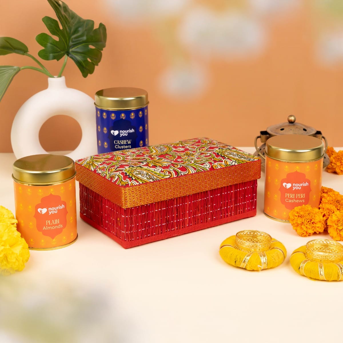 Nourish You The Diwali Luxe – Kalamkari Katha | Premium Festive Gift Hamper | Heritage Kalamkari Jars with Peri Peri Cashew, Plain Almonds & Cashew Clusters | Plant Based | Gluten Free | Refined Sugar Free