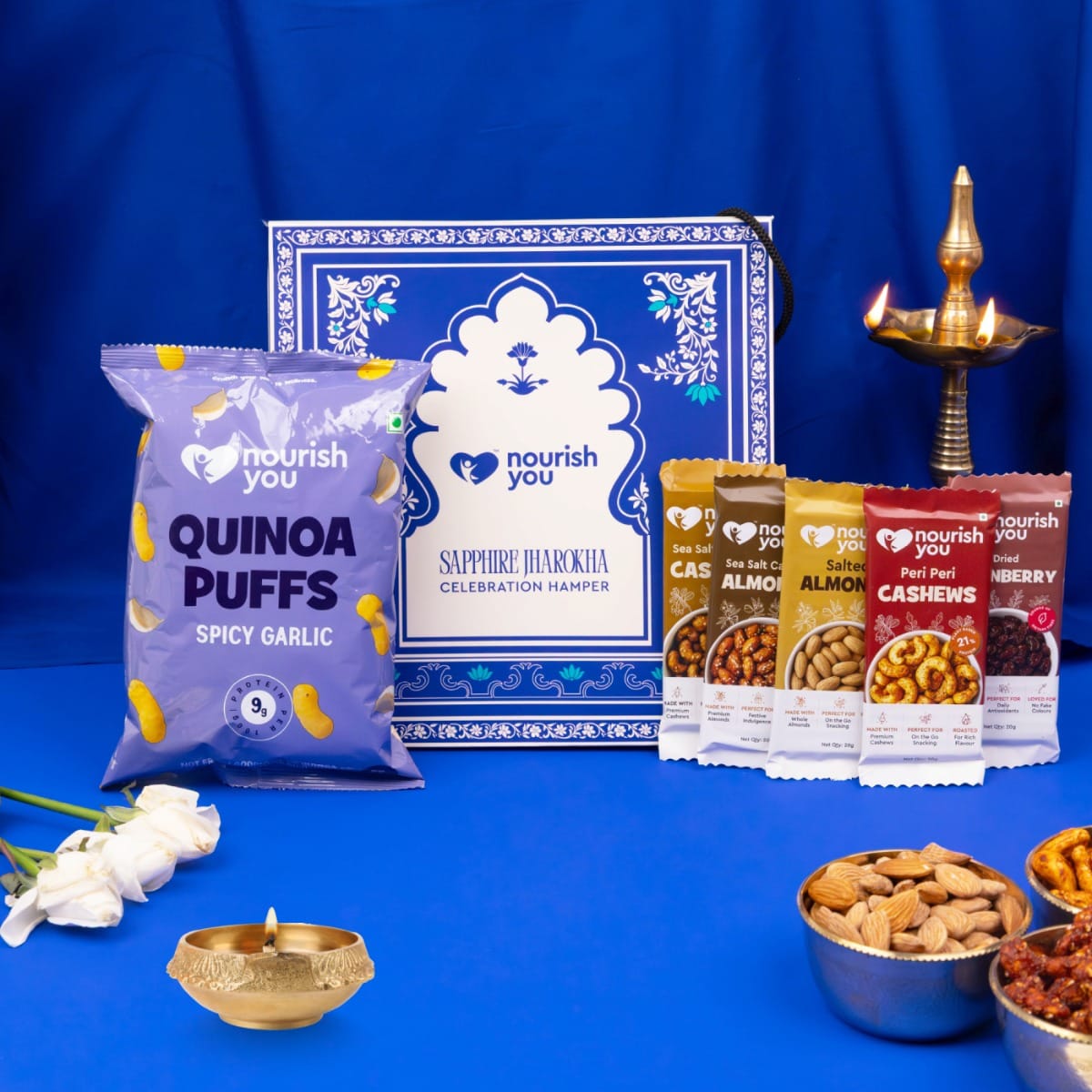 Nourish You Mini Utsav Box – Sapphire Jharoka | Diwali Gifting Assortment | Peri Peri Cashew, Sea Salt Caramel Almond, Cranberry Pop & Quinoa Puff | Gluten Free | Roasted, Not Fried | Festive Gift Box