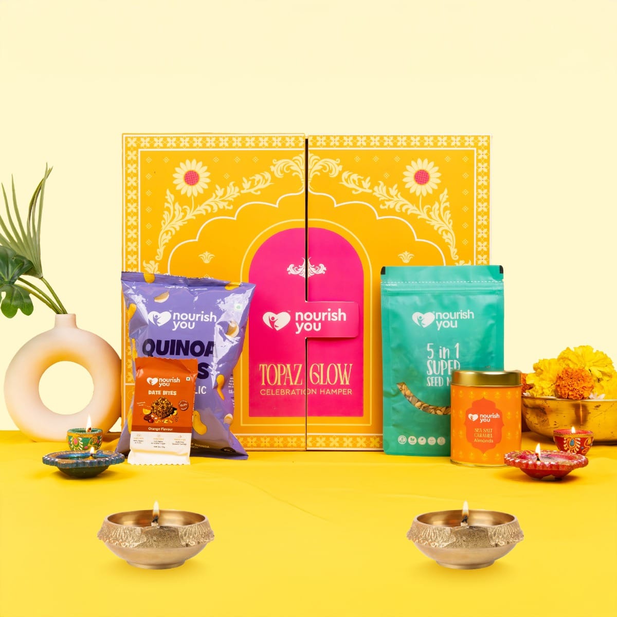Nourish You Topaz Glow Celebration Hamper | 5-in-1 Super Seed Mix (200g) | 2 Dates Bites-25g each | Quinoa Puff (25g)|Sea Salt Caramel Almonds (100g)| Perfect for Diwali Gifting,Special Occasions
