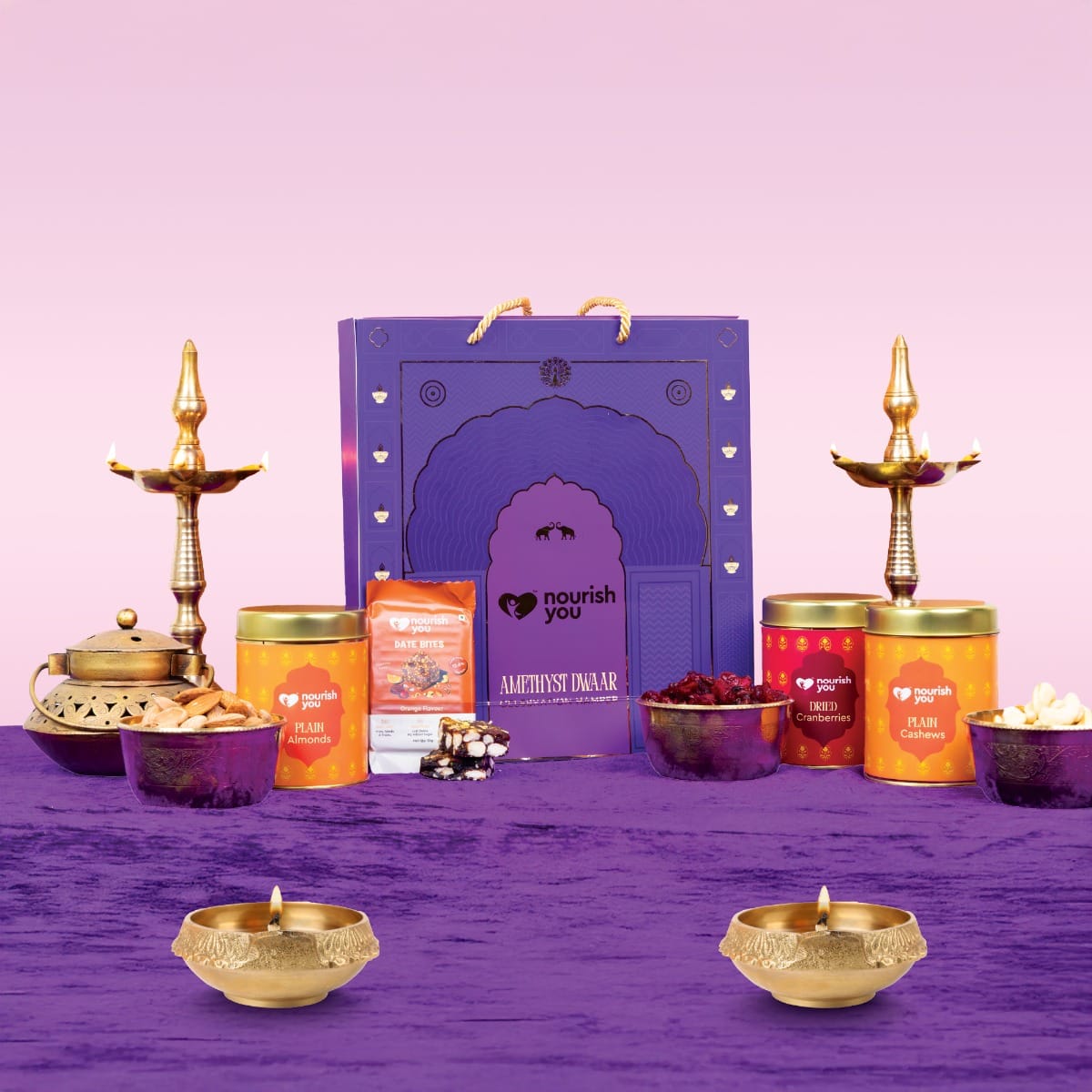 Nourish You Shuddh Utsav Diwali Hamper Box – Amethyst Dwaar | Almonds, Cashews, Dried Cranberries & Date Bites | Preservative-Free Festive Gift Box | Healthy Diwali Gifting