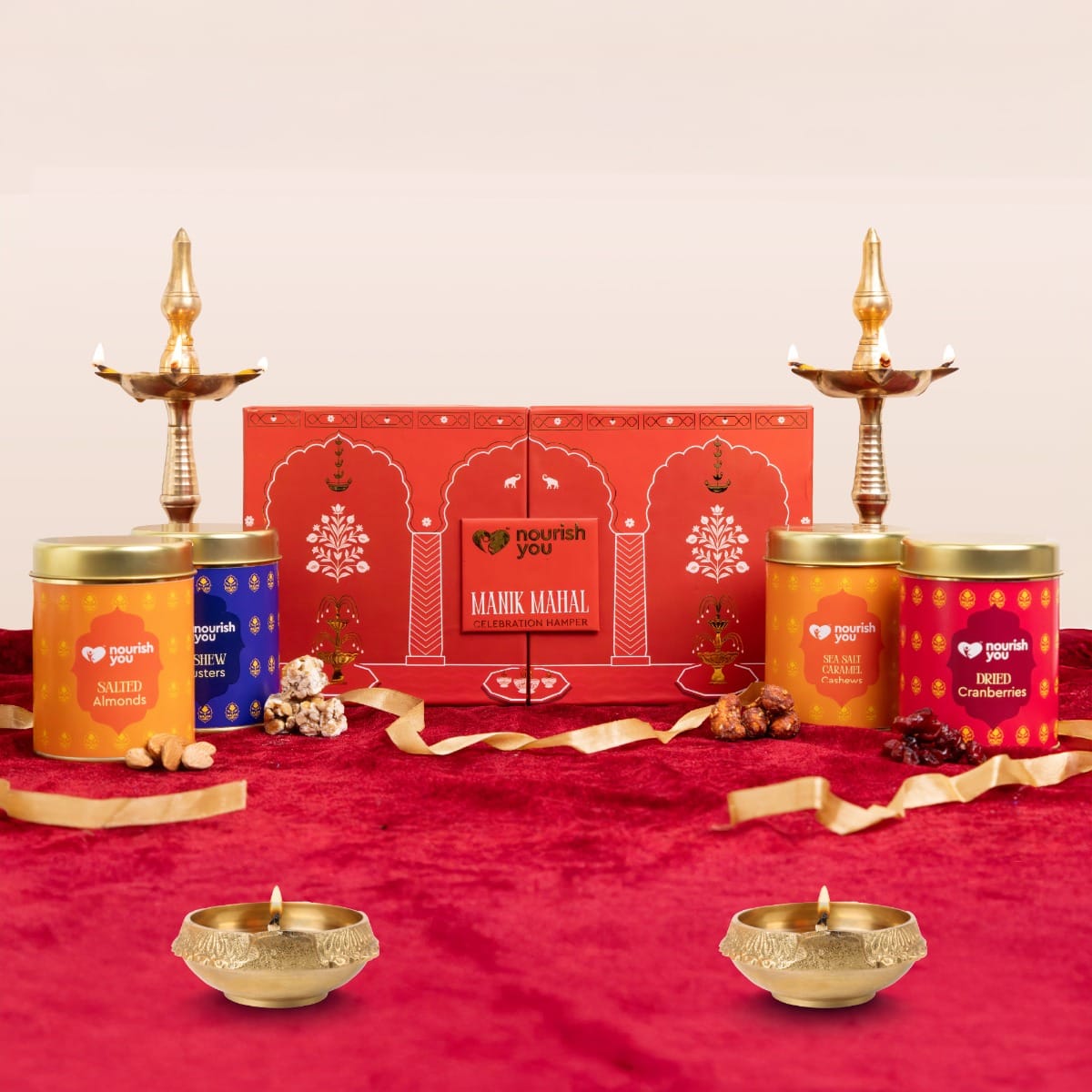 Noor by Nourish You – Manik Mahal | Premium Diwali Gift Hamper | Salted Almonds, Sea Salt Caramel Cashews, Cranberries & Roasted Cashew Clusters | Classy Festive Gift Box | Preservative-Free