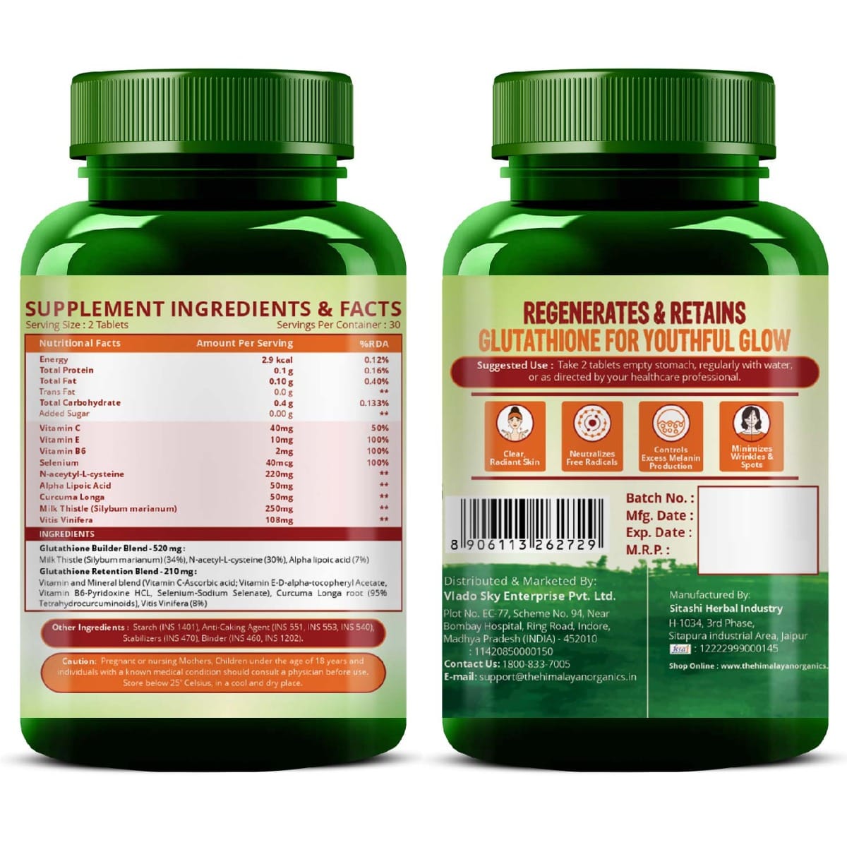 Vlado's Himalayan Organics Glutathione Builder for Anti-Ageing & Skin  Brightening with ( Vitamin C, E, B6 & Curcumin )