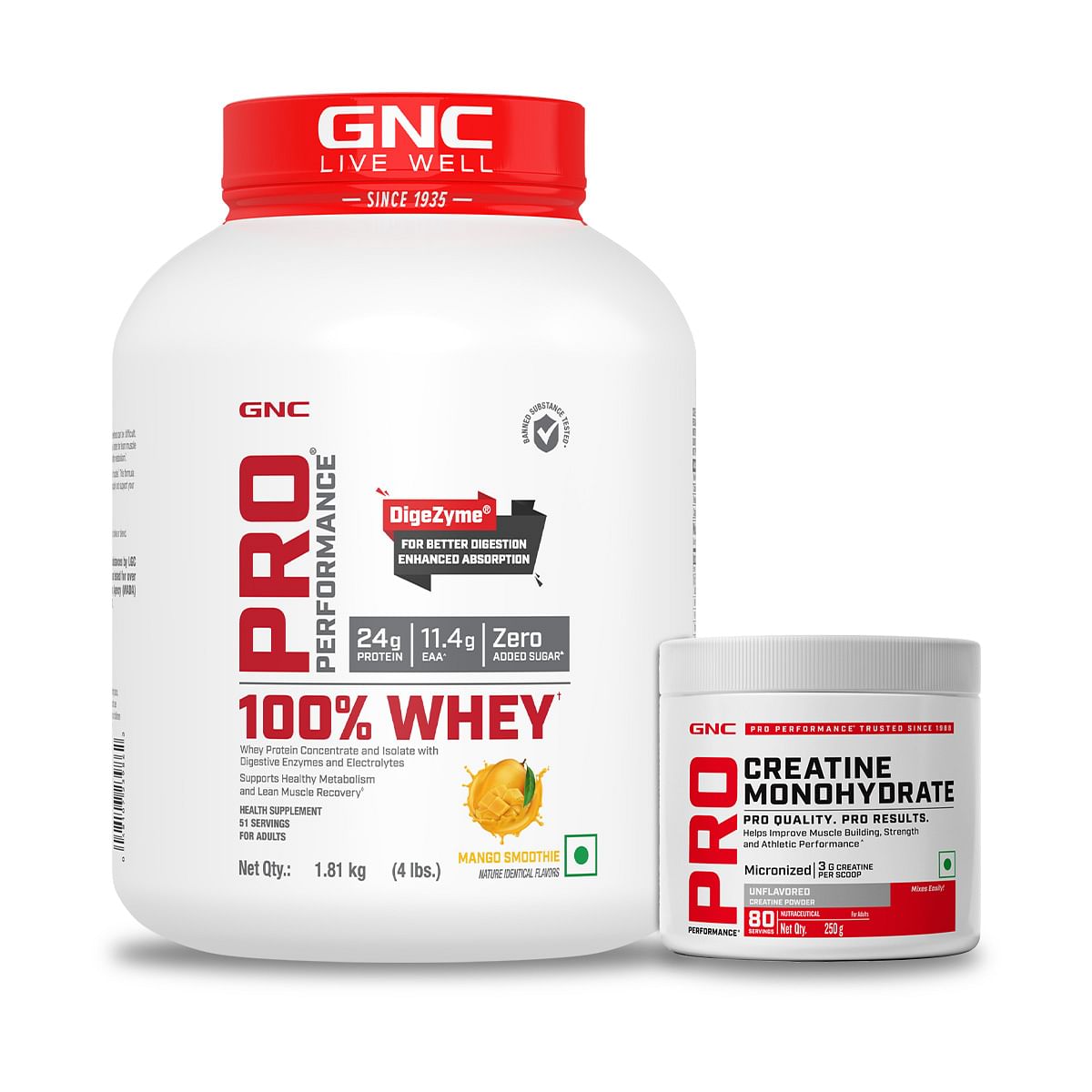 

GNC Pro Performance 100% Whey Mango Smoothie + Creatine Monohydrate Combo - Builds Lean Muscles | Promotes Faster Recovery | Boosts Athletic Perfor...