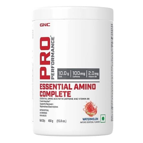 GNC Pro Performance Essential Amino Complete | Fuels Muscle Growth | Beats Fatigue | Prevents Muscle Cramps | Formulated In USA | 10g EAA | 100mg Caffeine | 2mg Vitamin B6 | 450g