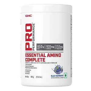 GNC Pro Performance Essential Amino Complete | Fuels Muscle Growth | Beats Fatigue | Prevents Muscle Cramps | Formulated In USA | 10g EAA | 100mg Caffeine | 2mg Vitamin B6 | Blue Raspberry | 450 g