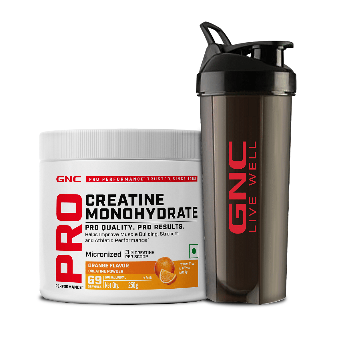 

GNC Creatine Monohydrate With Black Shaker (750ml)| 250gm | Orange | Boosts Athletic Performance | Fuels Skeletal Muscles | Supports Intense Workou...