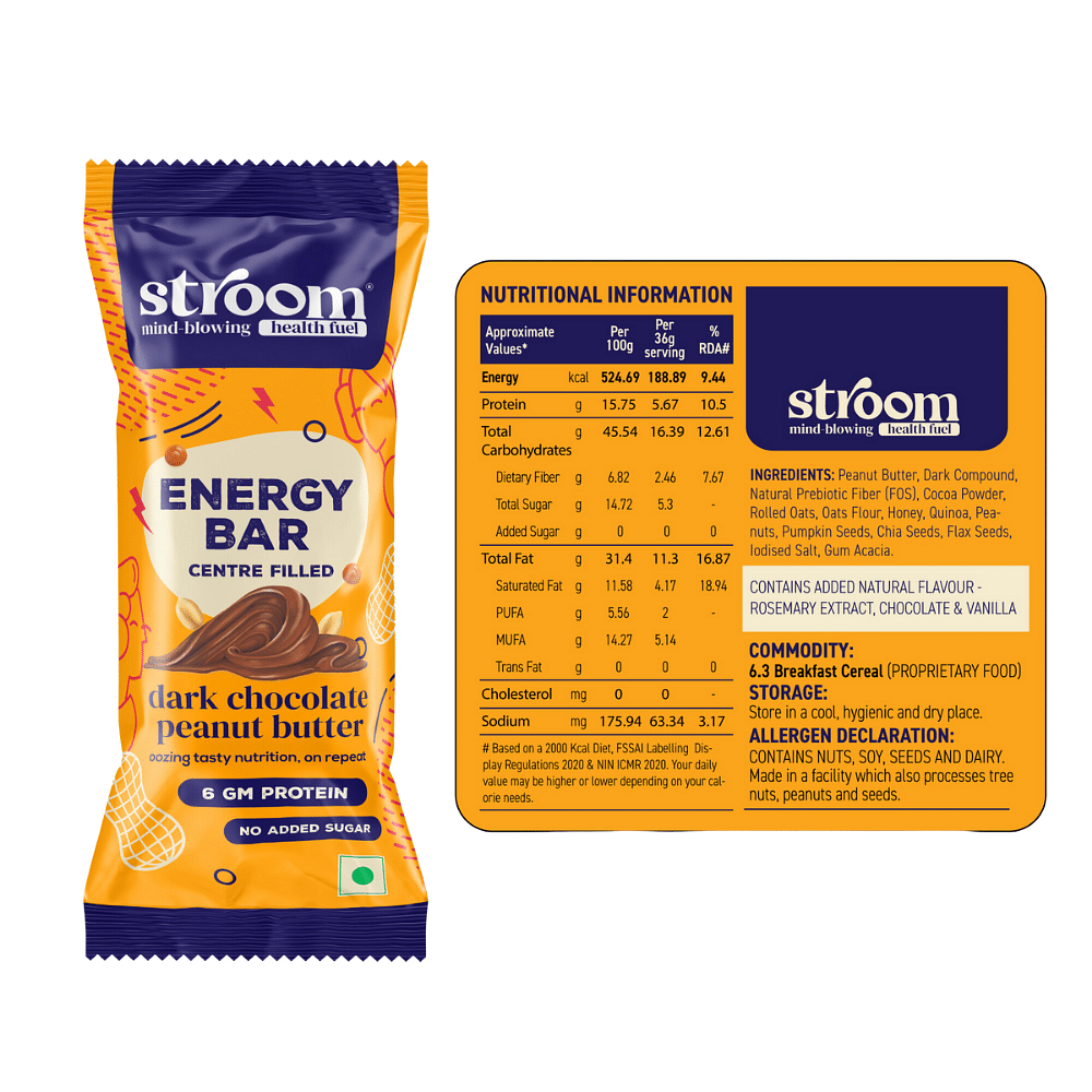 

STROOM- Dark Chocolate Peanut Butter Energy Bars(Pack of 1) | Natural Centre Filled Energy | 6g Protein/Each Bar | 30% Nut Butter | No Added Sugar ...