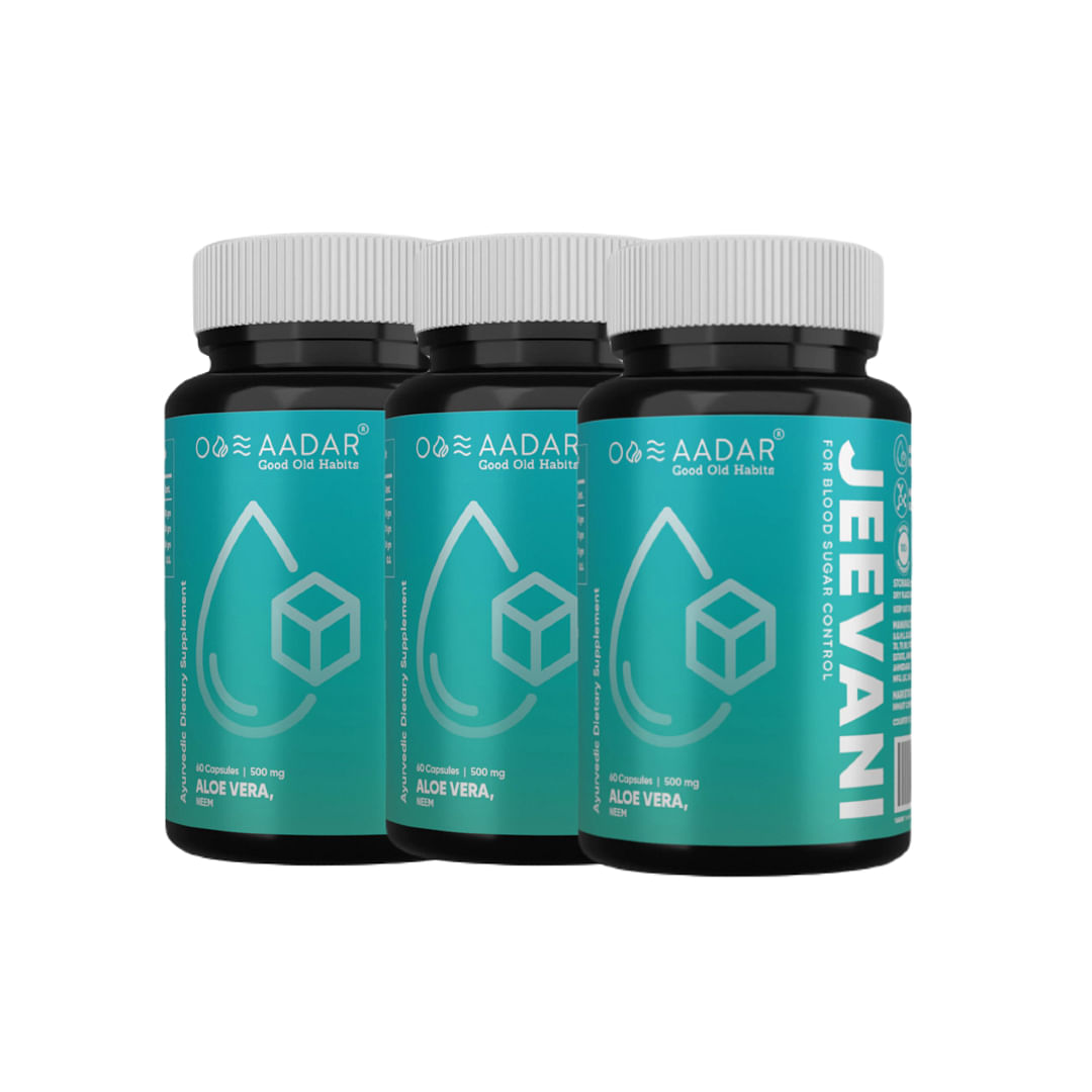 

AADAR Jeevani Ayurvedic Capsules Diabetes Control and Detoxification, removal of toxins from the body Aloe Vera, Neem and Harde (Haritaki) 60 Capsu...