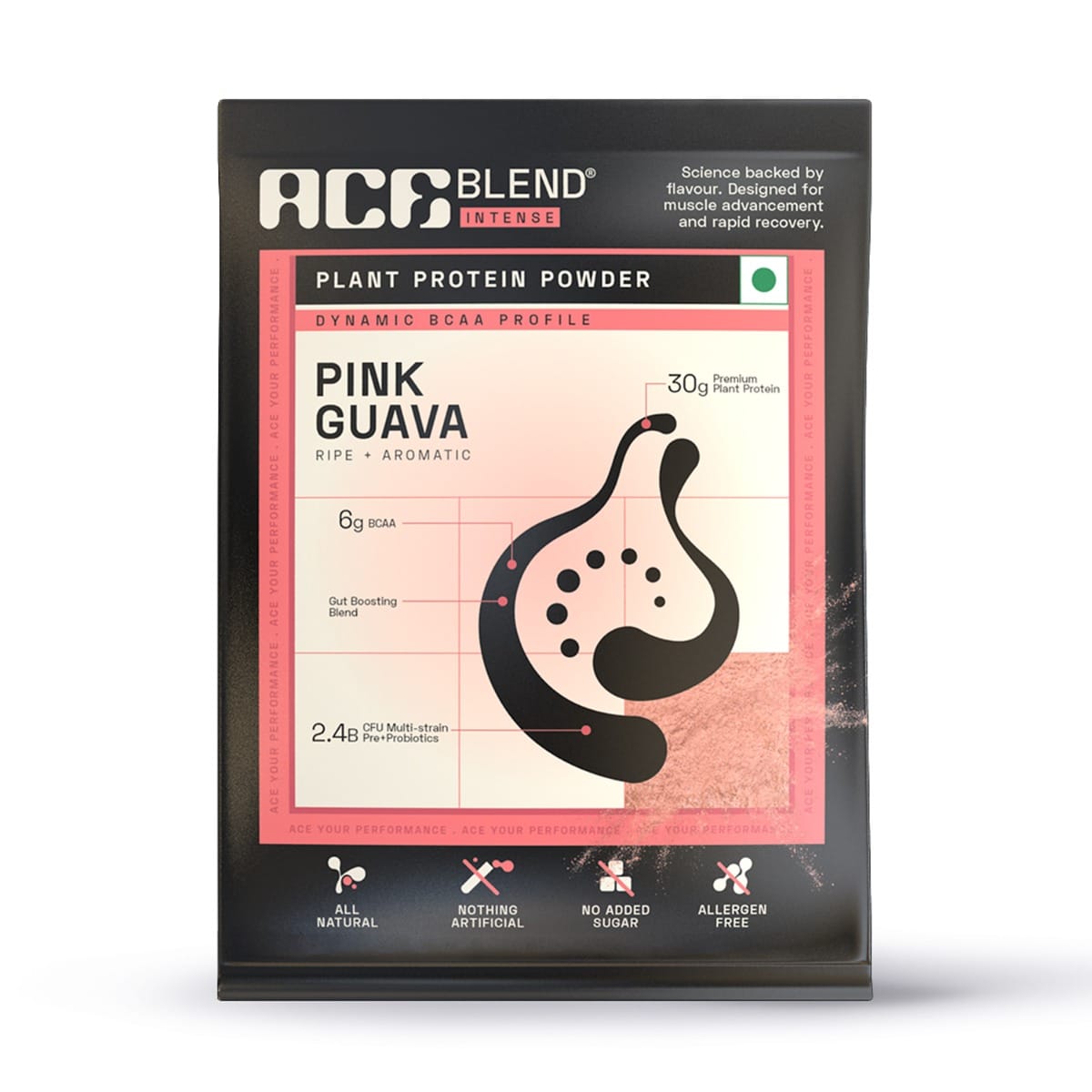 Ace Blend INTENSE, 30G A-Grade Vegan Plant Protein Powder for Men & Women, Sport Use, Complete BCAA Profile, Lean Muscle Growth & Recovery, Rapid Absorption, Gut Friendly | Pink Guava