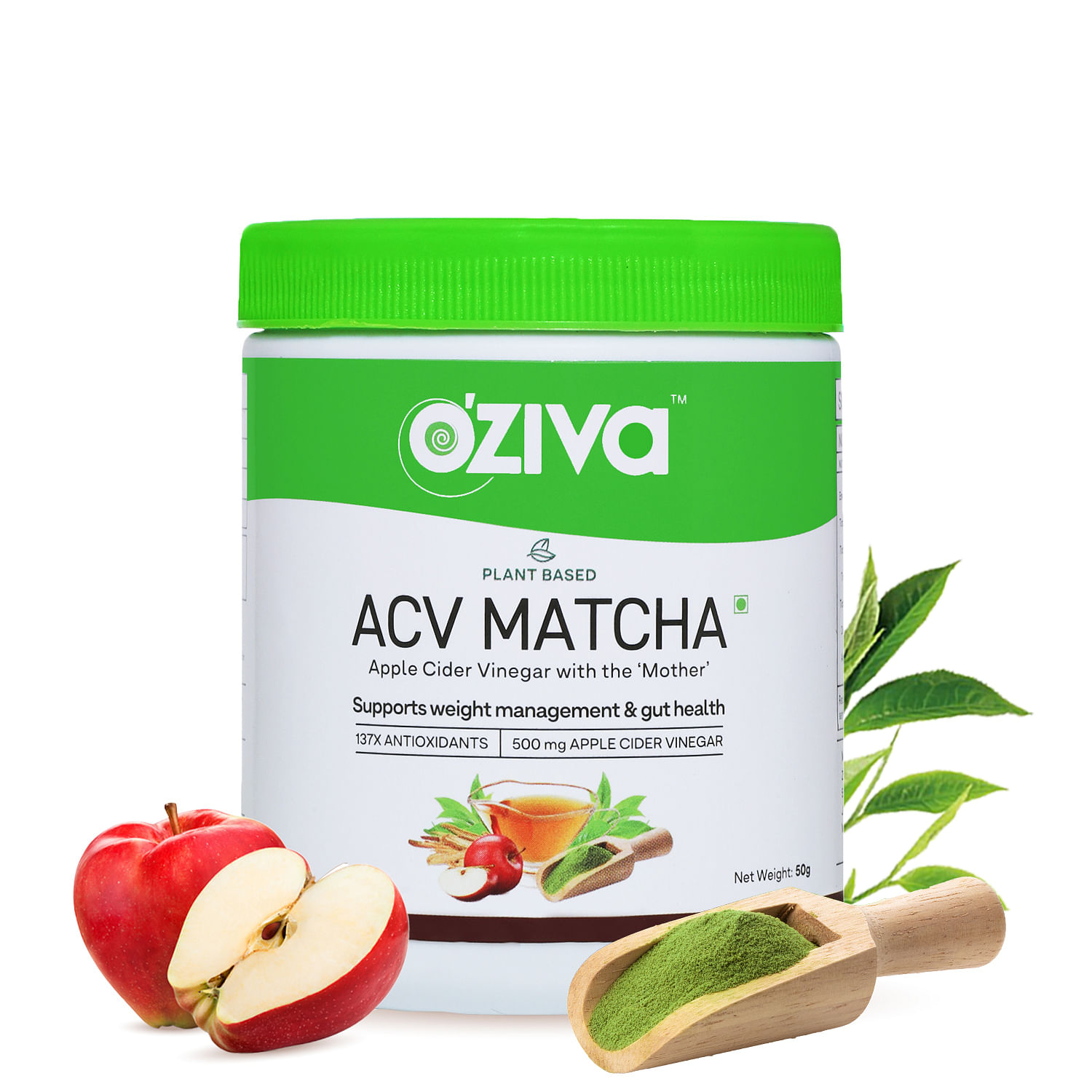 

Oziva Plant Based Apple Cider Vinegar Matcha (Apple Cider Vinegar With Mother And Matcha Tea) For Weight Management, Metabolism & Gut Health | 50 G...