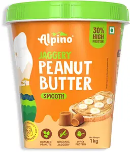 Alpino High Protein Jaggery Peanut Butter Smooth 1 KG | 30% High Protein | Made with Roasted Peanuts, Whey Protein, Pea Protein & Organic Jaggery | Peanut Butter Creamy