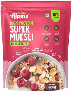 Alpino Super Muesli Fruit and Nuts 400 G | 20% Dried Fruits & Nuts | 67% Whole Grain Breakfast Cereal | High in Iron | Source of Fibre | Finest Nuts & Raisins | No Sugar Infused Fruits