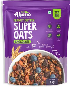Alpino Peanut Butter Super Oats Chocolate 1kg | Single Pack | 21% High Protein | Rolled Oats, Chocolate Peanut Butter & Cocoa | No Added Sugar & Salt | Gluten-Free | Vegan