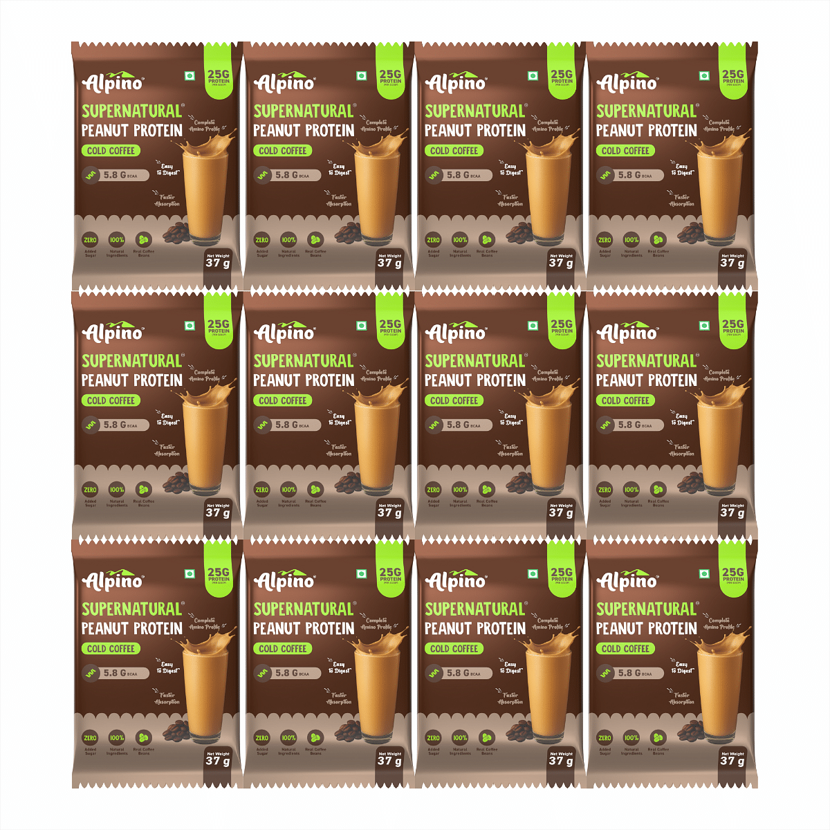 

Alpino Supernatural Peanut Protein Powder Cold Coffee 444g (37g x Pack of 12) - 25g Plant Based Protein, 5.8g BCAAs, Real Coffee Beans, Vegan