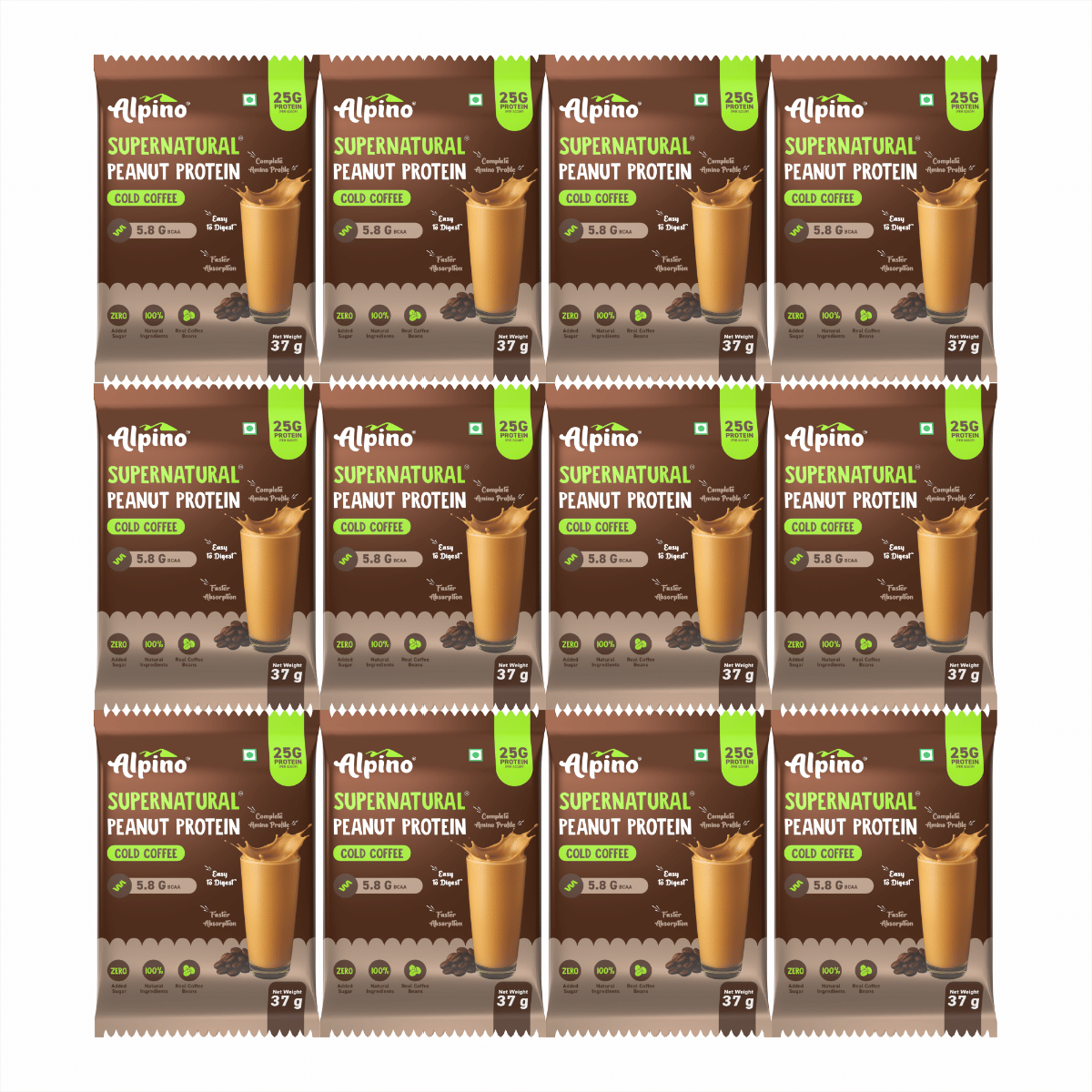 

ALPINO 25g Protein Supernatural Peanut Protein Powder Cold Coffee 444g (37g, Pack of 12) - Roasted Peanuts, Real Coffee, Monk Fruit - 100% Plant-Ba...