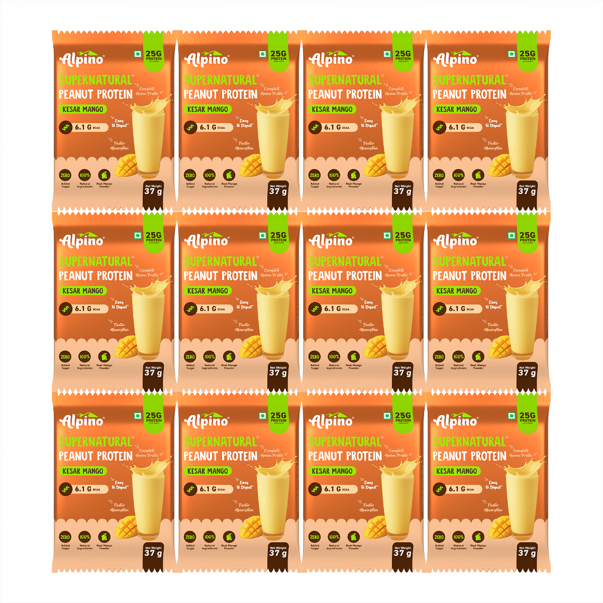

Alpino Supernatural Peanut Protein Powder Kesar Mango 444g (37g x Pack of 12) - 25g Plant Based Protein, 6.1g BCAAs, No Added Sugar, Vegan