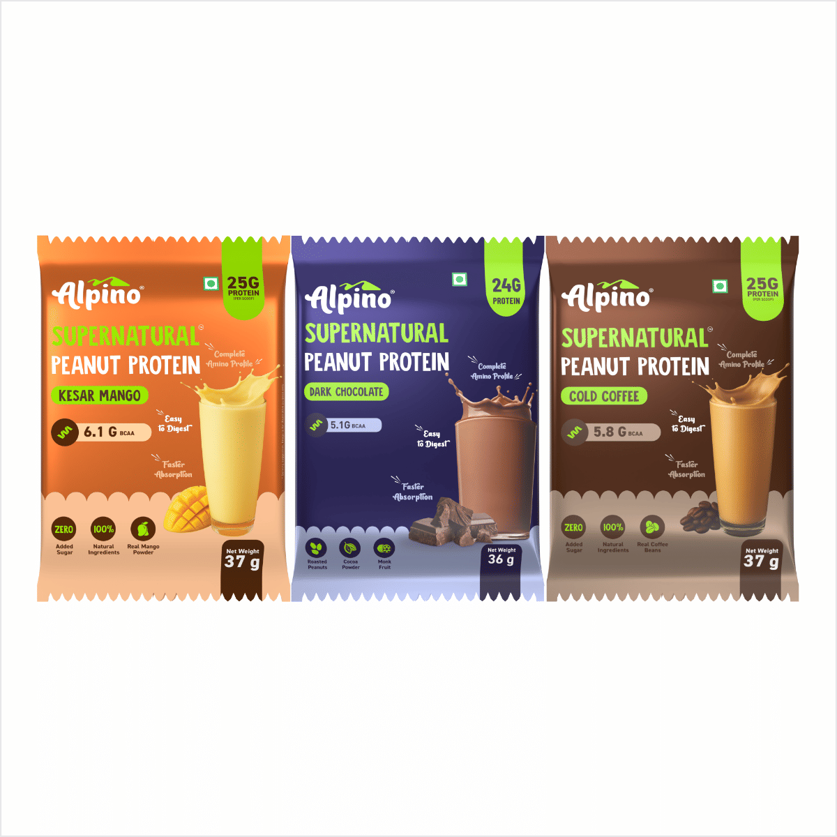 

ALPINO Supernatural Peanut Protein Powder Assorted Pack of 3 (Cold Coffee + Dark Chocolate + Kesar Mango)