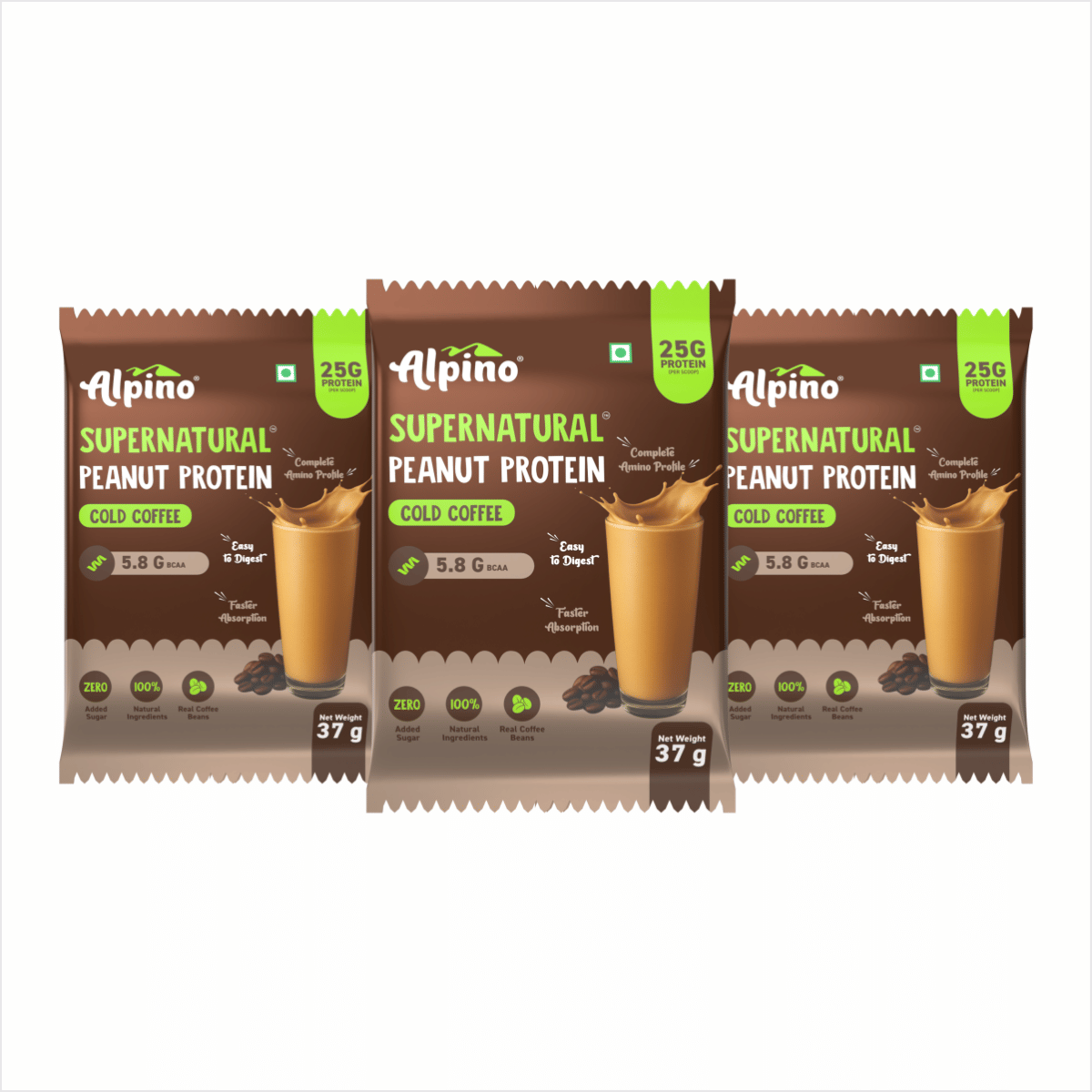 

ALPINO 25g Protein Supernatural Peanut Protein Powder Cold Coffee 111g (37g, Pack of 3) - Roasted Peanuts, Real Coffee, Monk Fruit - 100% Plant-Bas...