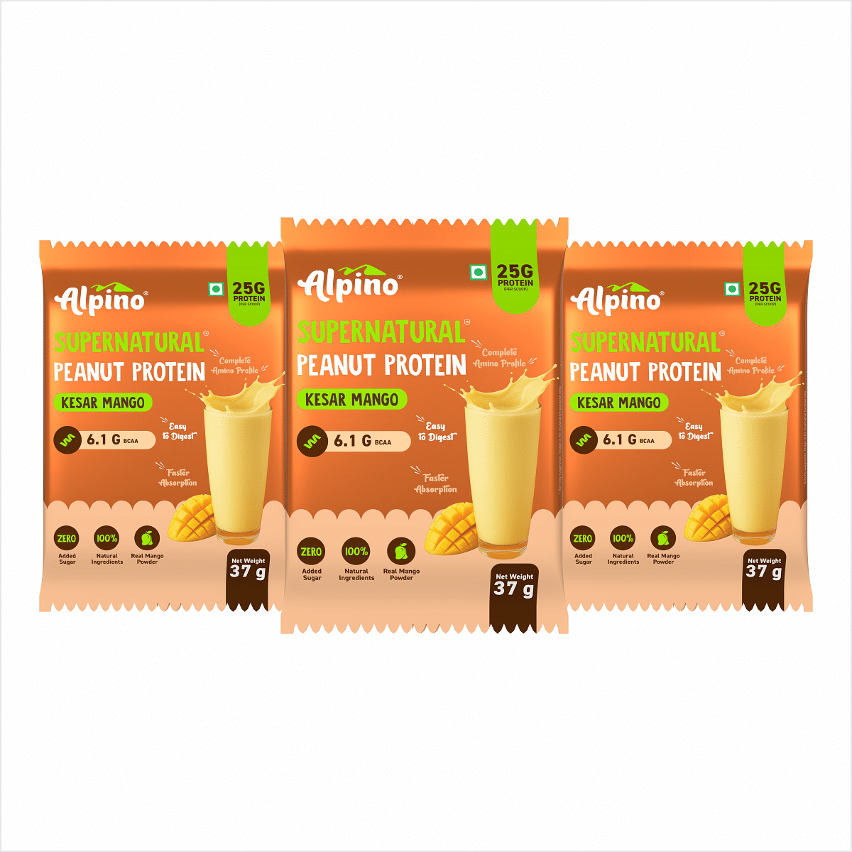 

Alpino Supernatural Peanut Protein Powder Kesar Mango 111g (37g x Pack of 3) - 25g Plant Based Protein, 6.1g BCAAs, No Added Sugar, Vegan