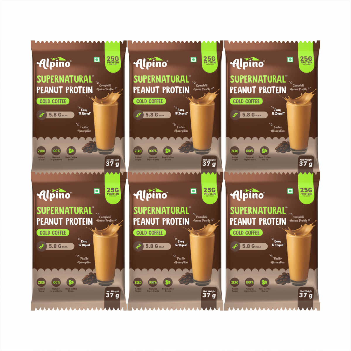 

Alpino Supernatural Peanut Protein Powder Cold Coffee 222g (37g x Pack of 6) - 25g Plant Based Protein, 5.8g BCAAs, Real Coffee Beans, Vegan