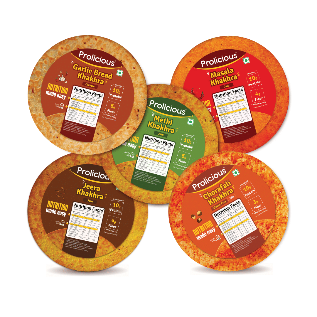 

Prolicious Classic Khakhra Combo | High Protein High Fiber Khakhra | No Palm Oil | Natural Protein | Plant Based | (Pack of 5, 170grams each)