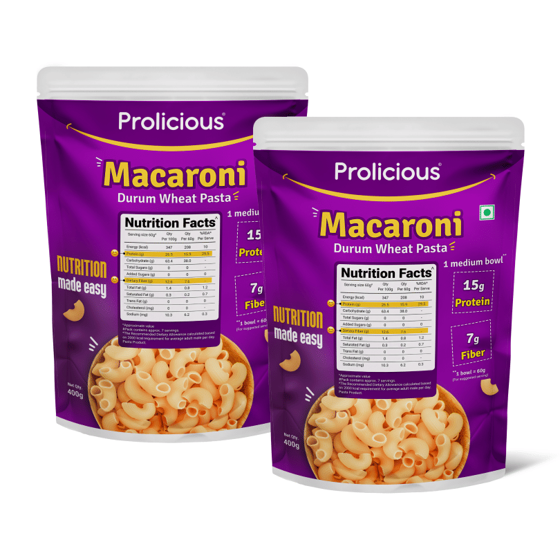 

Prolicious Macaroni Pasta | High Protein High Fiber Pasta | Made with Durum Wheat | Natural Protein | 400 g | Pack of 2