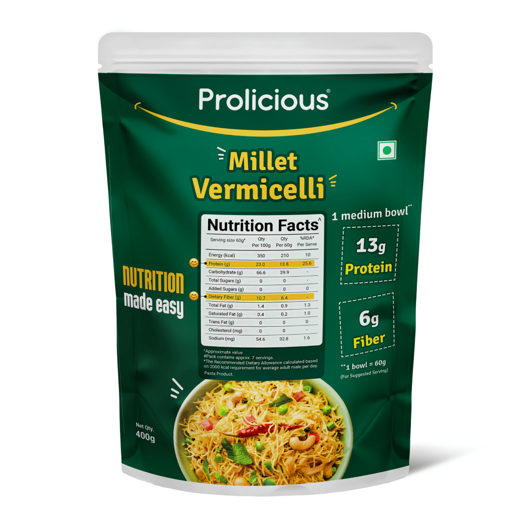 

Prolicious Millet Vermicelli | High Protein High Fiber Breakfast | No Maida, No Rice, No Palm Oil | Plant Based |Natural Protein | 400g