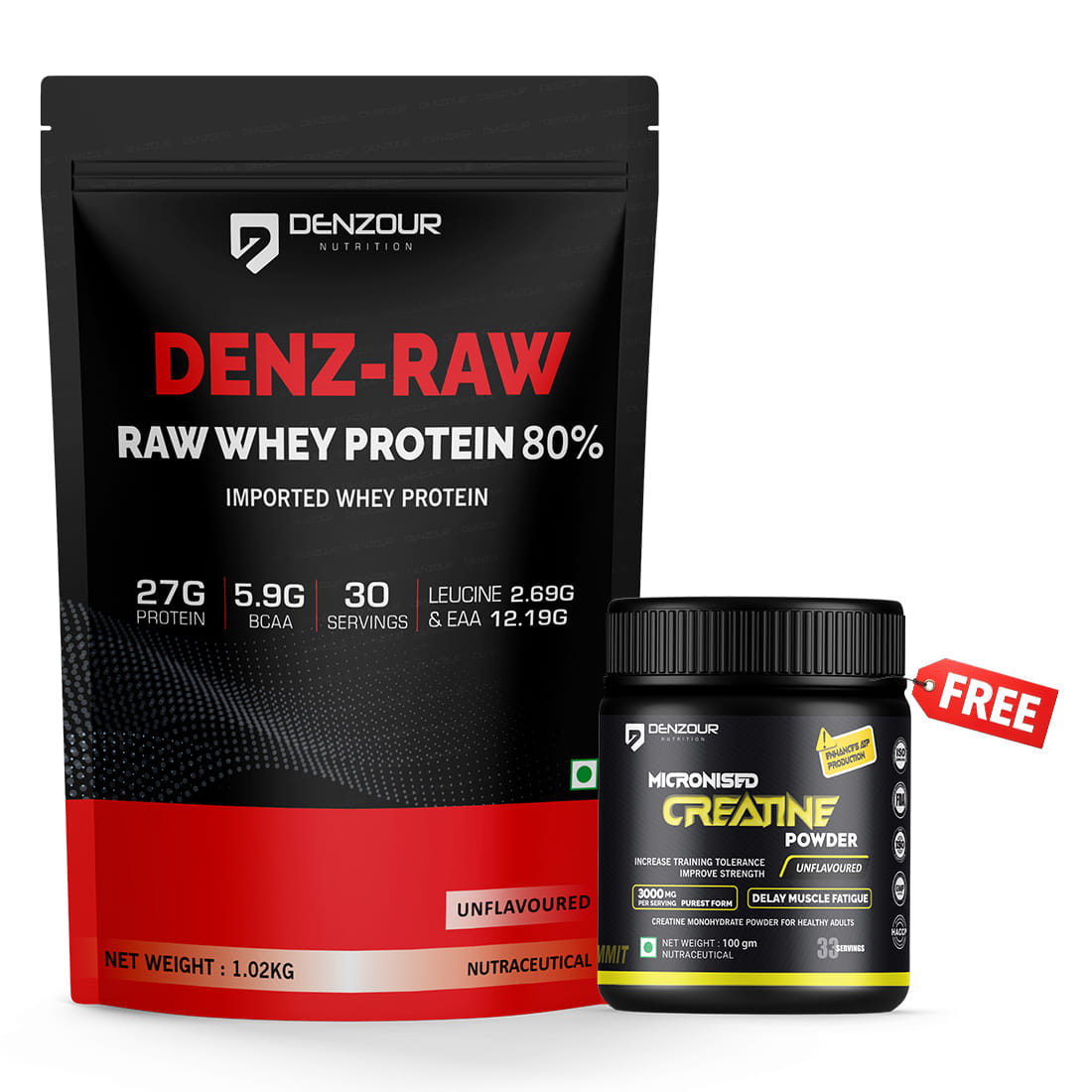 Denz-Raw Whey Protein 1kg. Unflavoured + Free Creatine Unflavoured 100g.