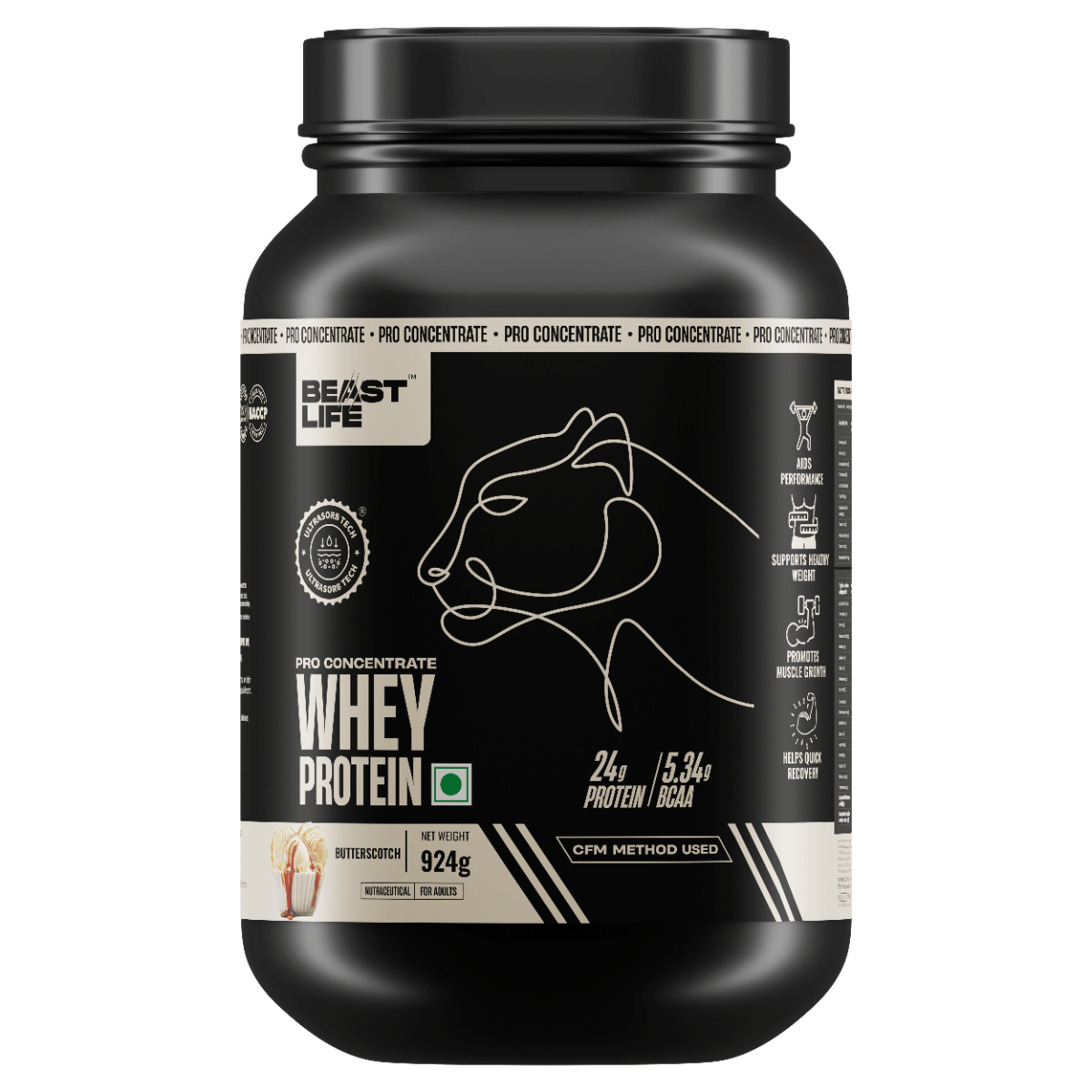 

BeastLife Pro Whey Concentrate Butterscotch Flavour | 24g of Protein | 5.3g BCAA per scoop (924g)