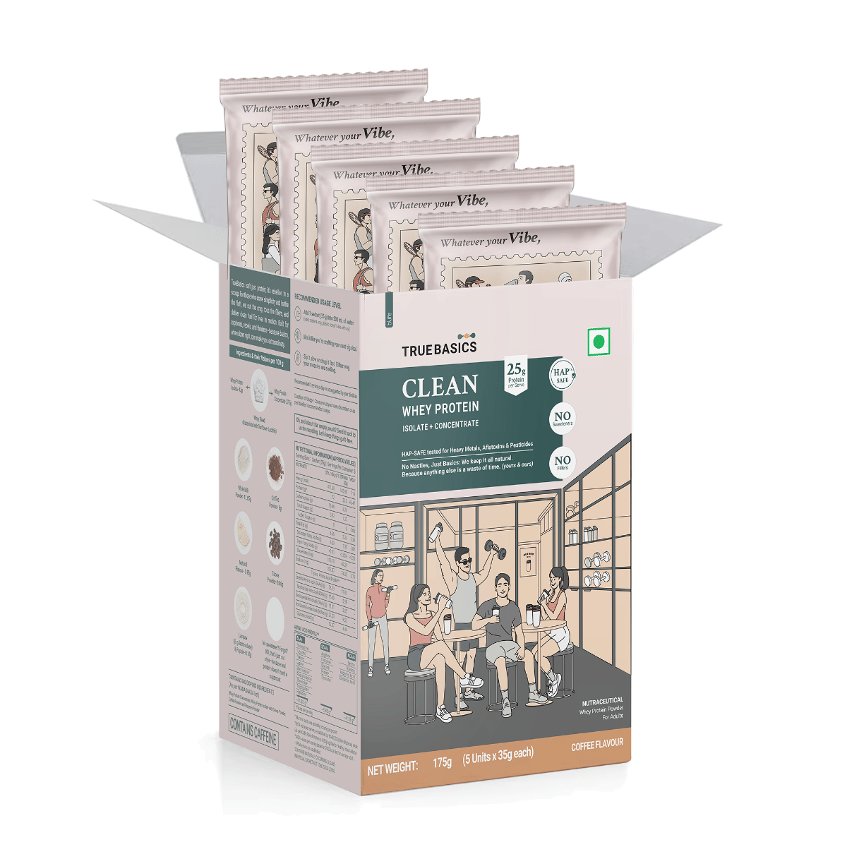 

TrueBasics Clean Whey Protein Powder Isolate & Concentrate Blend (Coffee, 35gx5) | 25g Protein per Sachets | Trustified Gold Certified