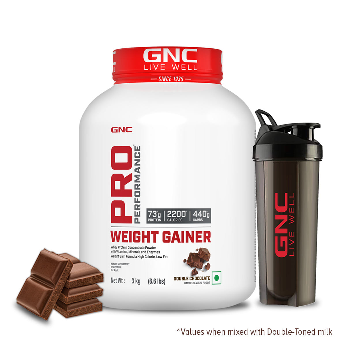 GNC Pro Performance Weight Gainer, Gym Bag & Black Plastic Shaker Combo | Double Chocolate | 3 Kg | Promotes Healthy Body Gains | Reduces Muscle Breakdown