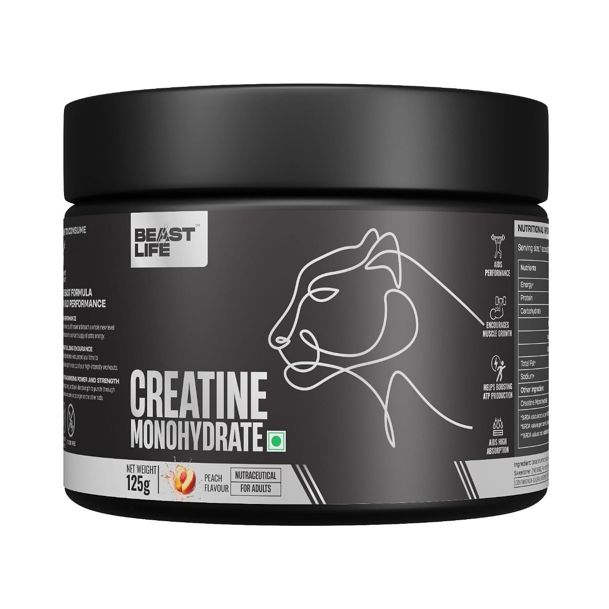 BeastLife Super Micronized Creatine Monohydrate Peach Flavour Powder 125g, 33 Serving, Premium Sports Nutrition | NABL Lab Tested | Rapid Absorption | Supports Athletic Performance & Power