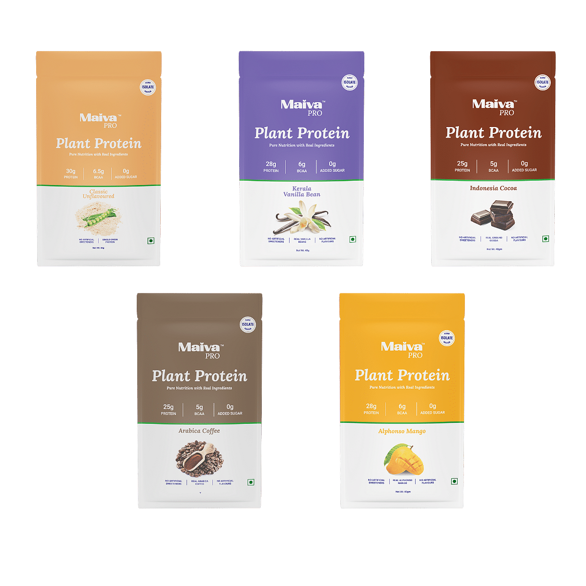 

Maiva Pro | Plant Protein Isolate - Assorted Pack - 40gm (Pack of 5) | Upto 30g Protein & 6.5g BCAA | All Essential Amino Acids | Gut Friendly,...